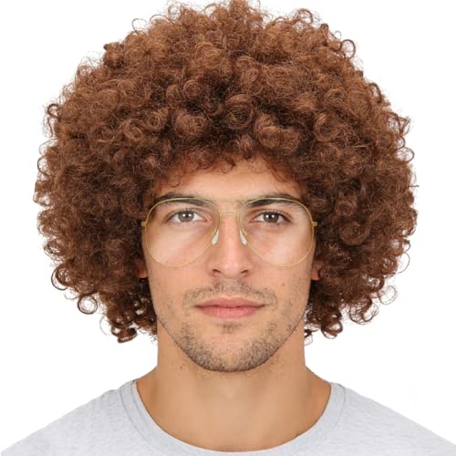TXUJZP Perruque Afro Bouclée Frisée Marron, avec Lunettes de Soleil Rétro, Idéal Déguisement Années 70 Disco, Halloween, Carnaval, Fête à Thème...