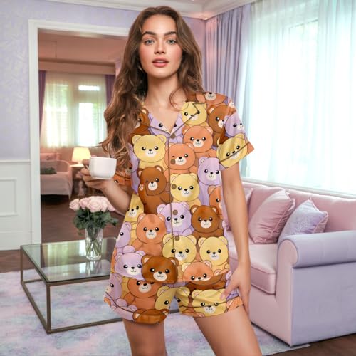 Image of HUNTFAMI Womens Soft Silky Satin Pajamas Set, 2 Pcs Sleep Short Pajamas for Mom and Grandma Button Down Summer Loungewear