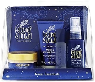 Feather & Down Travel Essentials Gift Set (Pillow Spray, Melting Shower Cream, Sleep Butter & Relaxing Roll-On) - Infused with Lavender & Chamomile Essential Oils. Vegan Friendly & Cruelty Free.