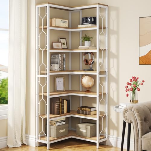 Image of Tribesigns Corner Shelf, 7-Tier Industrial Corner Bookshelf, Wood and Metal Corner Etagere Bookcase, Freestanding Display Shelf for Living Room, Kitchen, Home Office, White and Walnut