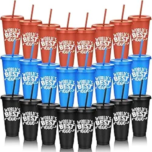 Rtteri 12 Pcs Father's Day Appreciation Cups Gift Bulk World's Best Dad 24 oz Plastic Reusable Coffee Cups with Straws and Lids for Man Gradnfather Party Supplies
