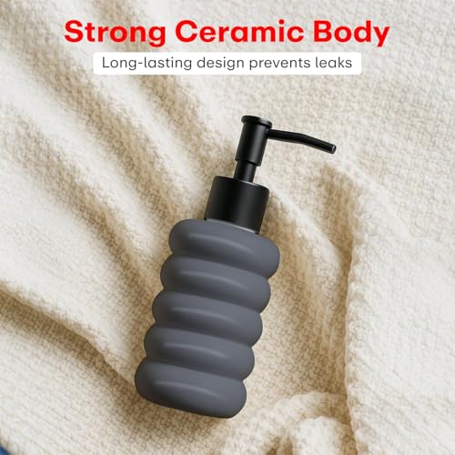 Image of Rioware Ceramic Soap Dispenser Hand Wash Bottles for Basin | Multipurpose Refillable for Liquid Shampoo, Kitchen, Bathroom, and Household Use | 300Ml, Pack of 2 - Round Black & Grey