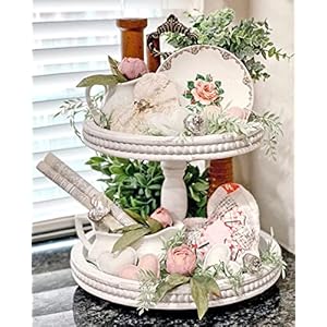 2 tiered tray wooden serving stand by felt creative home goods small shabby chic beaded tray for home decor display farmhouse country decoration kitchen or dining includes 3 custom handles white  urban country home decor