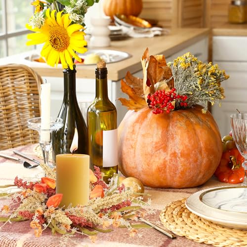 Image of 4 Pcs Fall Candle Rings 9 inch Thanksgiving Autumn Wreaths with Flowers for Tables Artificial Farmhouse Candle Rings Wreath for Front Door Porch Wall Window Decorations