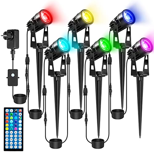 LITAKE Gartenbeleuchtung, 6 Stücke 21M RGB Gartenstrahler mit Erdspieß 20 Farben 16 Modi Gartenleuchte mit Fernbedienung IP65 Wasserdicht Gartenbeleuchtung mit Kabel für Garten Rasen Baum Cover