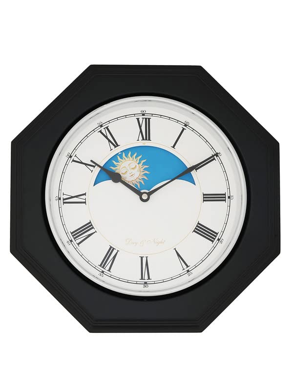 Image of CHRONIKLE Unique Octagon Shaped Black Sunrise /Sunset Style Wooden Roman Figure Wall Clock with Sweep Movement (Size: 33.5 x 33.5 x 6.5 CM | Color: Black | Weight: 1535 grm)