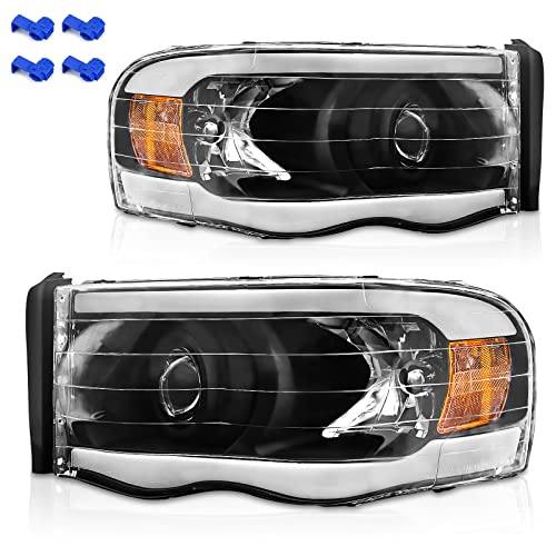 AS Headlight Assembly Compatible with 2002-2005 Dodge Ram 1500 2500 3500 w/ LED Bar and H7 Projector Black Housing Driver and Passenger Side