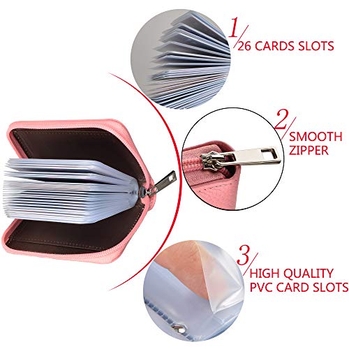 Image of Easyoulife Genuine Leather Credit Card Holder Zipper Wallet With 26 Card Slots (Pink)