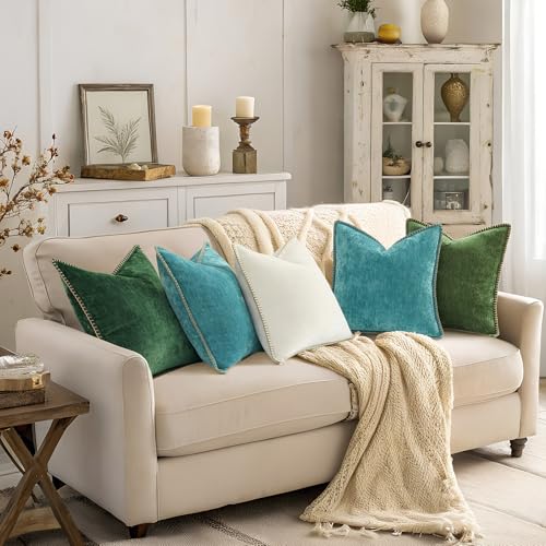 Image of decorUhome Fall Chenille Soft Cozy Throw Pillow Covers 26x26 Set of 2, Modern Farmhouse Boho Velvet Decorative Euro Sham Pillow Cases with Stitched Edge for Couch Sofa Bed Home Decor, Turquoise
