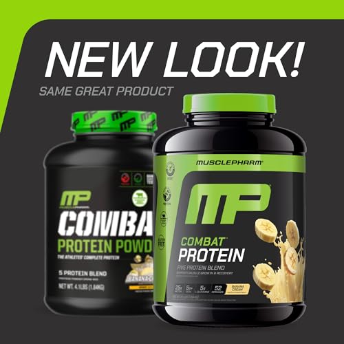 Image of MusclePharm Combat Protein Powder, Banana Cream Flavor, Fuels Muscles for Productive Workouts, 5 Protein Sources including Whey Protein Isolate & Egg Albumin, Gluten Free, 4 lb, 52 Servings