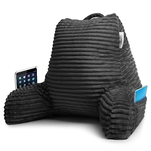 Nestl Reading Pillow for Bed Adult – Back Pillow for Sitting in Bed, Standard Plush Bed Pillows for Sitting Up in Bed, Shredded Memory Foam Bed Chair Pillow with Arms and Pockets, Grey Bed Rest Pillow