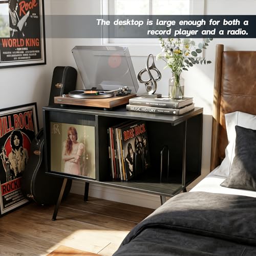 Image of Faesun Flip Top Record Player Stand, Large Turntable Stand Holds up to 150+ Albums, Vintage Mid Century Record Player Table, Stereo Cabinet with Open Storage, for Living Room, Bedroom, Black