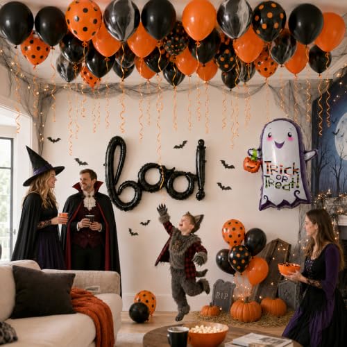 Image of Halloween Black Orange Balloons BOO Ghost Pumpkin Foil Balloons Party Decor | Orange Black Polka Dot Balloon for Happy Halloween Spooky Birthday Trick or Treat Haunted House Horror Night Party Decoration