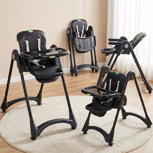 Image of BAYBEE High Chair for Baby 6 to 18 Months, 6-Level Height Adjustable Feeding Chair with Reclining Backrest, Foldable Frame, 5-Point Safety Harness, Double Removable Tray, Footrest & Lockable Wheels (Black)