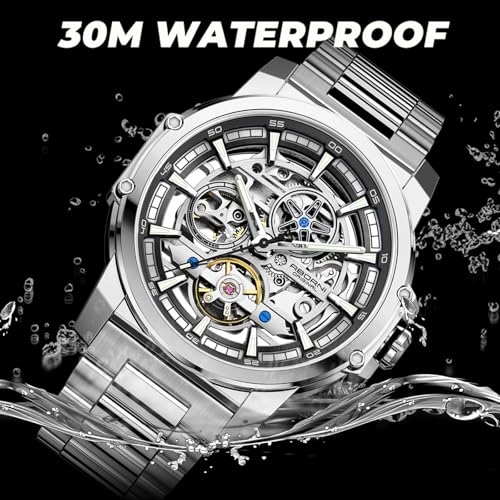 Image of FORSINING Men's Luxury Automatic Skeleton Mechanical Watch, Industrial Style Self-Winding Hollow Watches with Tourbillon & Luminous Function, Stainless Steel Strap Mens Wristwatch