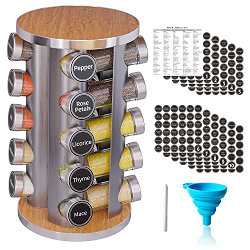 Comparison: Best Spice Rack For Countertop 8 Revolving Spice Rack Set with 20 Spice Jars, Kitchen Spice Tower Organizer for Countertop or Cabinet -- Carousel Storage Includes 386 Spice Labels -- Desktop Rotating Seasoning Organizer