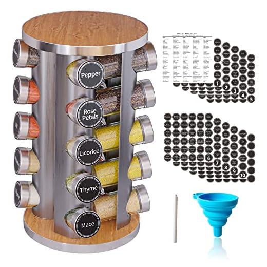 Revolving Spice Rack Set with 20 Spice Jars, Kitchen Spice Tower Organizer for Countertop or Cabinet -- Carousel Storage Includes 386 Spice Labels -- Desktop Rotating Seasoning Organizer