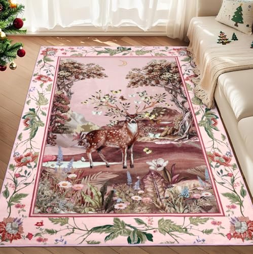 Geanup Weihnachts Teppiche Wohnzimmer 120 x 180 cm Weicher, Rosa Rentier Weihnachtsteppich für Kinderzimmer Rutschfester, Kurzflor Teppich Weihnachten für Kinder Schlafzimmer Esszimmer Büro