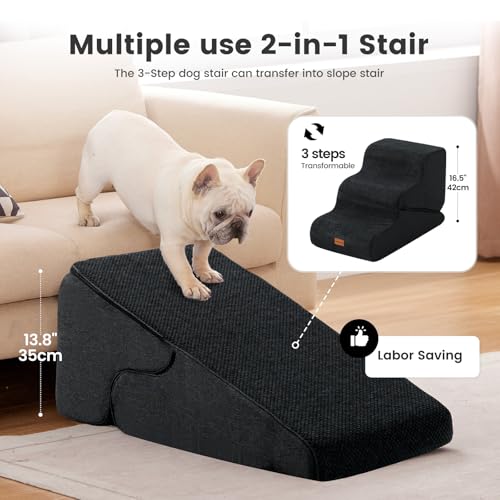 Image of Gardner Pet Dog Stairs for Small Dogs 16.5 inch H, 2 in 1 Transformable 3-Step Pet Stairs and Dog Ramp for Couch (13-20 in), Black Adjustable Pet Steps with Non-Slip Waterproof Cover and CertiPUR-US Foam