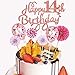 Lot de 7 Decoration Gateau Anniversaire 14 Ans - Rose - 14e Happy Birthday Deco Gateau Anniversaire Fille - Avec Ballons à confettis et éventails en Papier Cake Topper
