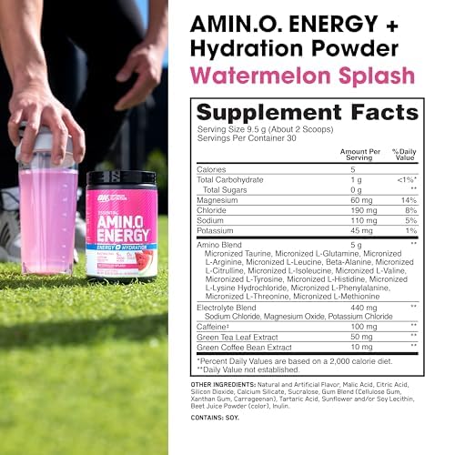 Optimum Nutrition Amino Energy Powder Plus Hydration, with BCAA, Electrolytes, and Caffeine, Watermelon Splash, 30 Servings (Packaging May Vary) - Image 4