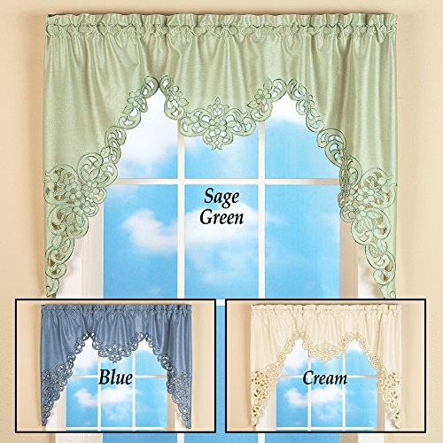 Collections Etc Elegant Scalloped Design Cut-Out And Embroidered Scroll Window Valance With Rod Pocket Top For Easy Hanging, Sage Green, 58" X 36" #TOP2