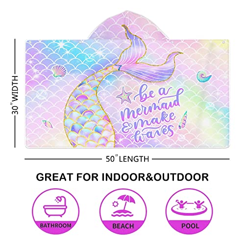 Mermaid Beach Towel, Mermaid Towel For Girls With Hood, Mermaid Tail Hooded Towel For Kids 30" X 50", Pink Mermaid Scales Microfiber Absorbent Soft Bath Towel Poncho Bathrobe For Swin Pool #TOP1