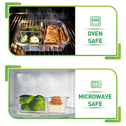 Prepnaturals Glass Meal Prep Containers 3 Compartment 5 Pack - Bento Box Containers Glass Food Storage Containers With Lids - Food Prep Containers Glass Storage Containers With Lids Lunch Containers #TOP2