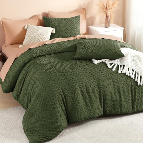 Image of Litanika Olive Green Queen Comforter Set, 3 Pieces Tufted Boho Farmhouse Bedding Comforter Sets, Lightweight Fluffy Comforter Bed Set for All Season (90x90In Comforter and 2 Pillowcases)