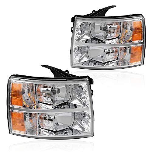 Headlight Assembly Replacement Compatible with 2007-2014 Chevy Silverado Headlamp Driving Light Chromed Housing Amber Reflector Clear Lens