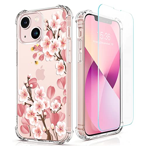 RoseParrot [5 in 1] iPhone 13 Case with Screen Protector + Ring Holder + Waterproof Pouch, Clear with Floral Pattern Design, Soft&Flexible Bumper Shockproof Protective Cover ï¼ˆFirefliesï¼‰
