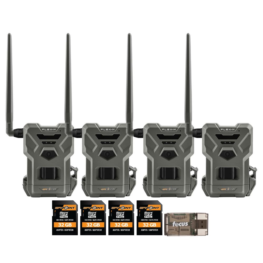 SPYPOINT Flex M Twin Pack 28MP Cellular Trail Camera (confezione da 2) con scheda di memoria ad alta velocità da 32 GB (confezione da 4) e lettore di schede ad alta velocità (7 articoli)