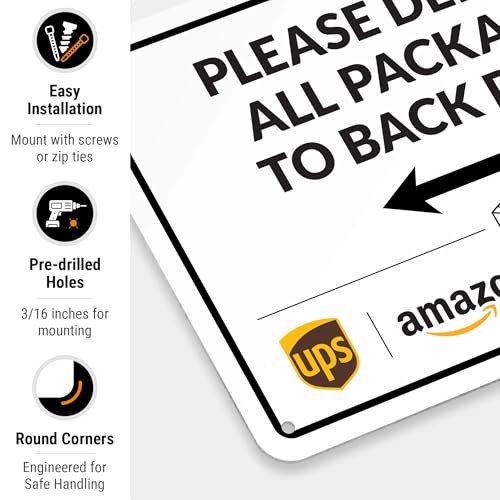 Image of Package Delivery Sign, Delivery Instructions Deliver All Package to Back Door Left Arrow Sign, 10x7 Inches, Rust Free .040 Aluminum, Fade Resistant, Made in USA