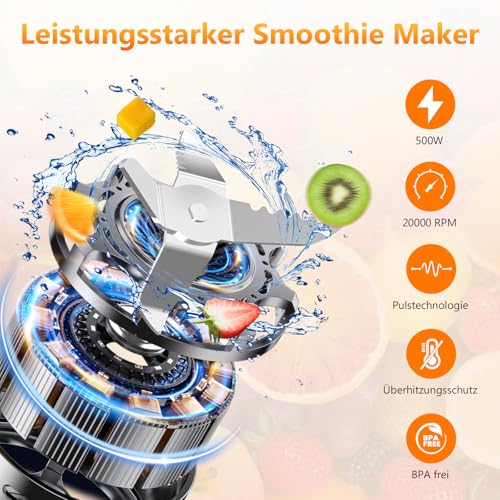 Blender Smoothie 500 W, Blender Mixeur avec 2 Bouteilles Tritan Portables de 570 ml, Blinder Mixeur sans BPA avec 4 Lames en Acier Inoxydable, pour Shake, Smoothie et Aliments pour Bébés – Image 3