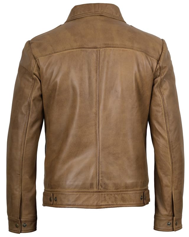 Image of Blingsoul Vintage Distressed Leather Jacket for Men - Shirt Collar Genuine Lambskin Mens Leather Jacket