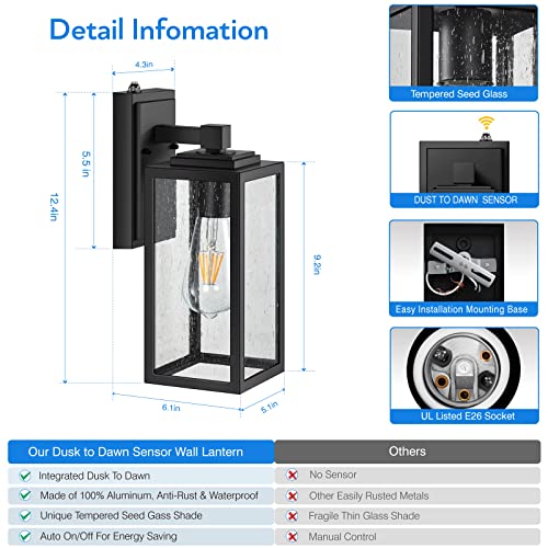 2 Pack Dusk To Dawn Outdoor Wall Lighting, Exterior Light Fixture Wall Mount For House Front Porch Light, Black Anti-Rust Aluminium Modern Outdoor Wall Lantern With Tempered Glass Shade For Garage #TOP4
