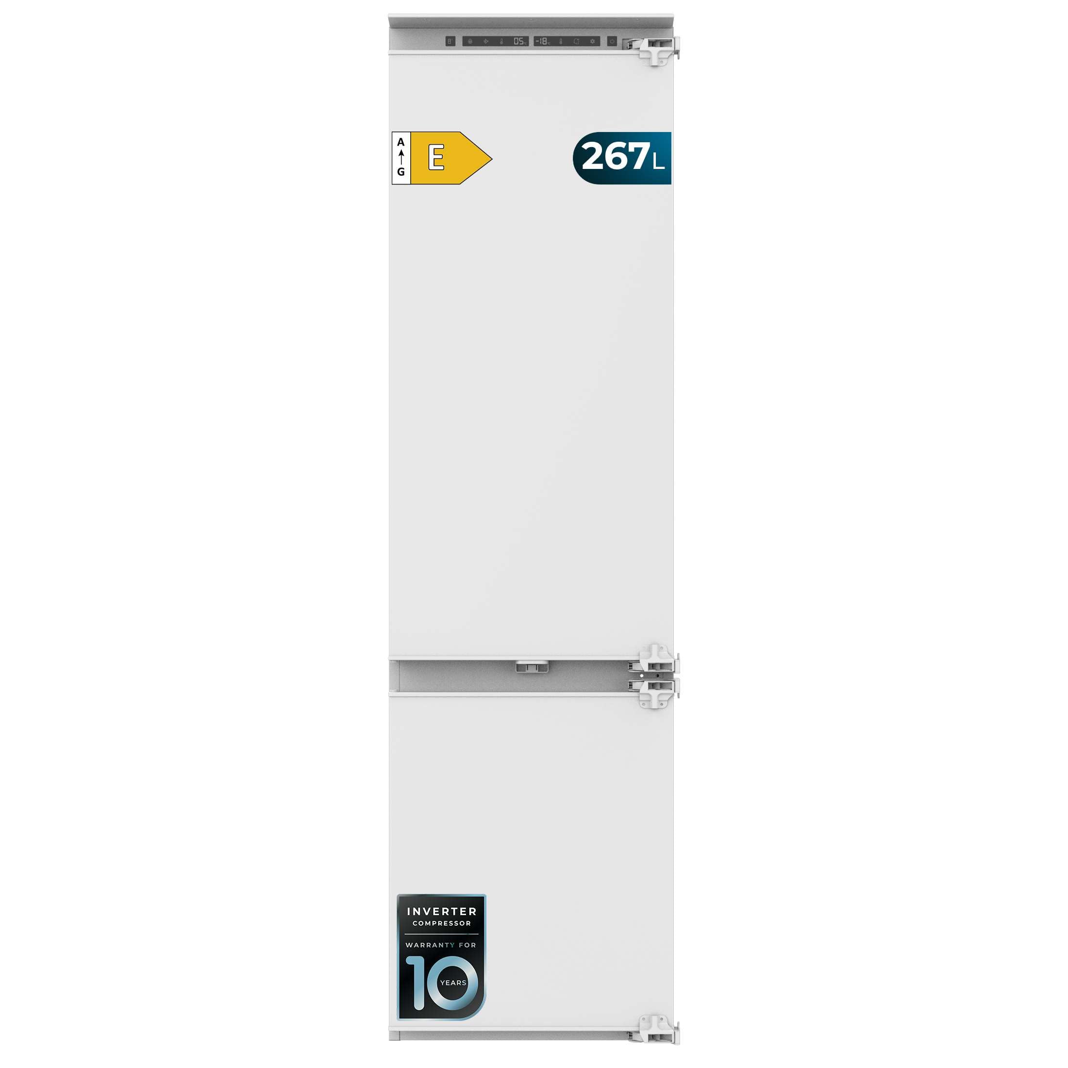 Cecotec Lodówka kombi do zabudowy, na stałe drzwi, 267 l, Bolero CoolMarket Combi BI-D FLW 267 E, wysokość 193,7 cm i szerokość 54 cm, Total No Frost, kompresor inwerterowy i ściana Full LED, niskie