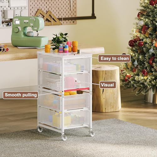 Image of 4-Drawer Rolling Storage Cart, Utility Cart with Drawers, White Metal Craft Cart Organizer with Wheels & Wooden Top, Art Supply Storage Organizer for Classroom, Office, Kitchen,Patent Pending
