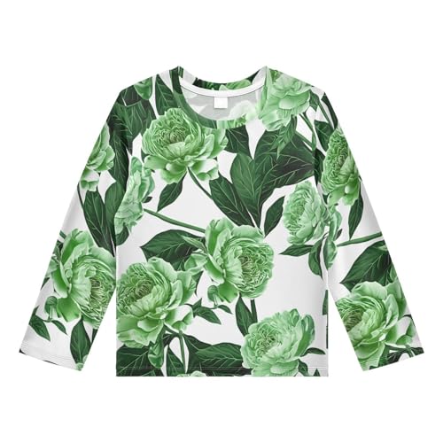 DOMIKING Peony Flower Foliage White Boys Long Sleeve Rashguard Shirt Kids Quick Dry Swim Shirt for Kids Toddlers 9-10T
