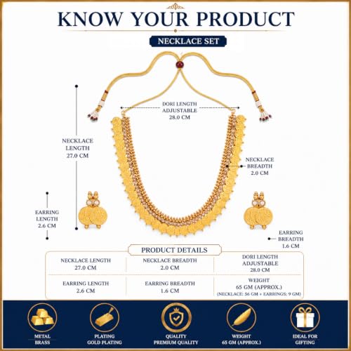 Image of ZENEME Jewellery Set Gold Plated Long Traditional Maharani Beads Studded Temple Coin Necklace Set with Earrings Jewellery For Women & Girls