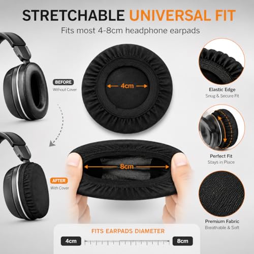 Image of Street27 Headphone Ear Cushion Cover for ATH, Sony, Edifier & More | Stretchable Fabric Ear Pad Covers Sweat Resistant Protector for 4-8cm Headphone Earpads (1 Pair, Black)