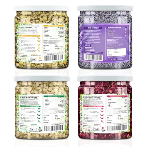 Image of BRALCON Herbal Flower Tea Combo, Chamomile, Lavender, Jasmine, Rose, Caffeine Free, Pure Dried Flowers, 50g Each, 4 Pack