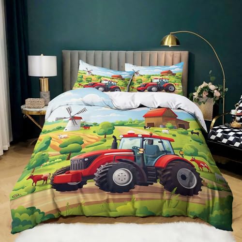 Housse de Couette Tracteur Rouge Dessin Animé 90 x 190 cm, Parure de Lit 1 Personnes - House de Couette Microfibre avec Fermeture Eclair et 2 Taies d'oreiller...