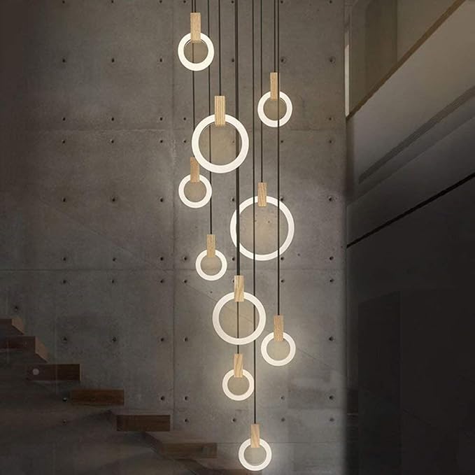 UZOURI Kroonluchter Opknoping Lamp 10 LED Ring Hanglamp Licht Trap Gemaakt van Hout en Acryl voor Woonkamer, Draaitrap(Color:White Light)