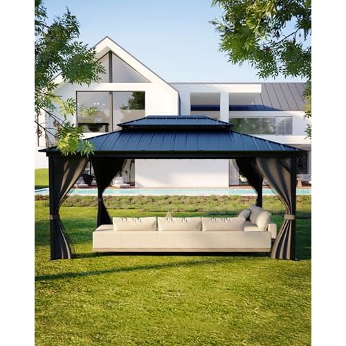 12x16 Ft Hardtop Gazebos with Heavy Duty Double Roof, Nettings and Curtains Galvanized Steel Outdoor Gazebos for Patio, Backyard, Deck, Lawn (Grey) Gray 12'x16'