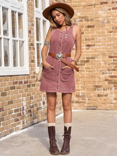 Image of Yousify Womens Casual Sleeveless Denim Overalls Dresses Button Down Summer Jean Mini Dress 2025 Trendy Romper With Pockets