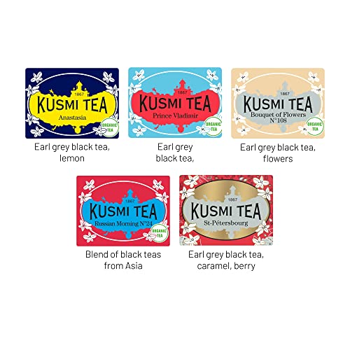 Kusmi Tea Originals Gift Set - Five Loose Teas In Miniature Tins - Includes Earl Grey Blends: Bouquet Of Flowers No.108, Anastasia, Prince Vladimir, St. Petersburg & Russian Morning No.24 #TOP2