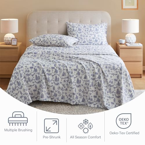 Sleep Philosophy True North Cotton Sheet Set Cozy Print 100% Cotton Flannel Sheets Bedding Set, Oversized Sheets, Deep Pocket Fits Up to 14" Mattress King Bed Sheets King Toile Pine Trees 4 Piece