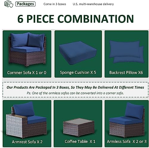 Image of 6 PCS Outdoor Patio Furniture Set,Outdoor Sectional Furniture All Weather PE Rattan Wicker Patio Conversation Set with Coffee Table and 5 Thickened Cushions,Navy Blue