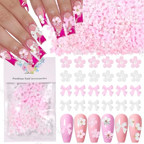 300 Pcs 3D Flower Nail Charms, Pink White Flowers for Nails Bows Bowknots Nail Charm and Gems, Petal Flower Bow Tie Charms for Acrylic Nails Art DIY Designs Accessories